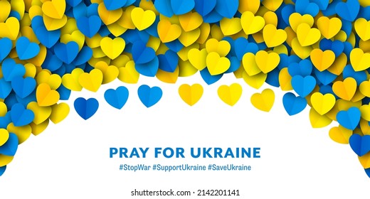 Pray For Ukraine Vector Scatter Yellow Blue Paper Hearts Semi Circle Border Isolated On White Background. Stop War And Save Ukraine Illustration. Ukrainian National Flag Colors Abstract Wide Wallpaper