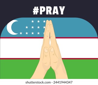 Rezar por Uzbekistán, concepto de ayuda o apoyo, bandera de Uzbekistán con manos de oración, campaña internacional e idea de humanidad, diseño vectorial, detener la guerra, solidaridad y unión