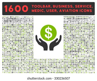 Pray vector icon and 1600 other business, service tools, medical care, software toolbar, web interface pictograms. Style is bicolor flat symbols, eco green and gray colors, rounded angles, white