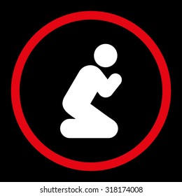 Pray vector icon. This rounded flat symbol is drawn with red and white colors on a black background.