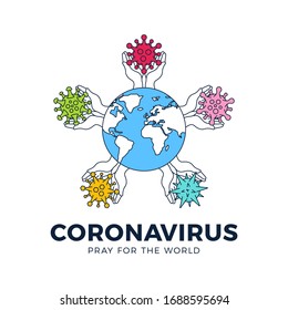 Pray for the World coronavirus concept with hands holding a coronavirus infected world. Corona Virus 2020.covid-19. Coronavirus in Wuhan vector illustration. Virus Covid 19-NCP.