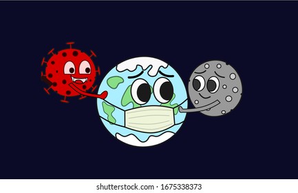 Pray for the world. Illustration graphic vector of corona virus. Corona virus infection. Covid-19. Wuhan. Earth and moon. Cartoon