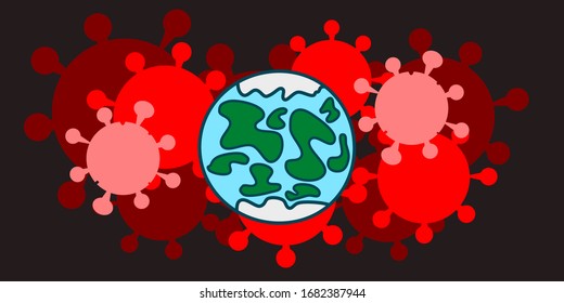 Bete für die Welt! Vektorillustration der Illustration Corona-Virus auf der Erde. Corona-Virusinfektion.Covid-19. Wuhan. Erde und Mond. Infektionen der Atemwege mit dem Erreger in China. Corona-Virus 2019. 2019-Ncov. 