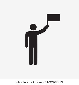 Bete für das Weltfriedenskonzept. Schwarzes Symbol mit Mann, der eine Flagge hält. Hör auf zu Krieg. Vektorgrafik