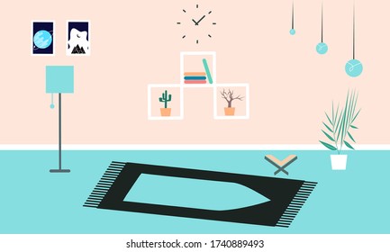 Pray and worship in room at home for Ramadan concept on landing page. Home decor clock, pot, photo, lamp, window, book and holy Quran. Suitable for background, footage animation, motion graphic