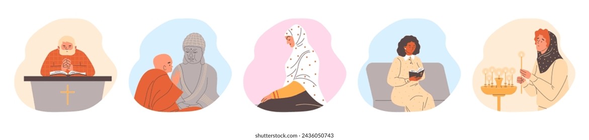 Prayed people, set of cartoon style vector illustration on white background. Different male and female characters turn to god in church or at home. Candles, bible and buddha statue. Design concept