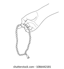 Prayer beads in a hand. Counting in tasbih. Japa Mala meditation. Vector.