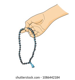 Prayer beads in a hand. Counting in tasbih. Japa Mala meditation. Vector.