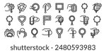 Prayer beads icons set. Different people holding and using rosary beads to pray in various positions
