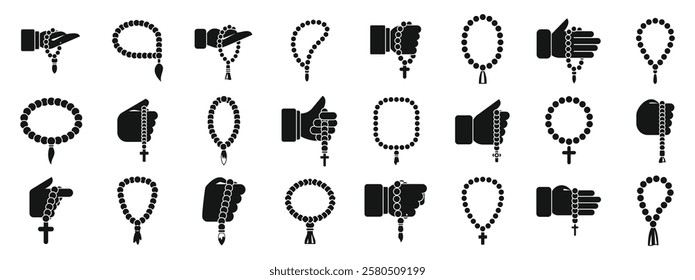  Prayer beads icons set. Different ways of holding and using rosary beads, symbolizing prayer, meditation, and religious devotion