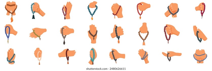 Prayer beads icons set. Set of diverse hands gently holding and manipulating prayer beads, highlighting different ways people find peace and spiritual connection