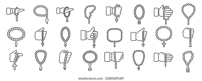  Prayer beads icons set. Line icons representing hands using rosary beads, symbolizing prayer, meditation, and religious devotion