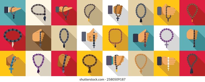  Prayer beads icons set. Various hands holding, counting, or displaying rosary beads, representing prayer, faith, and religious devotion