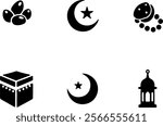prayer beads, Kaaba, minaret, paw print, Islamic symbols, black and white icons, crescent moon and star, silhouette style,