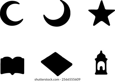 prayer beads, Kaaba, minaret, paw print, Islamic symbols, black and white icons, crescent moon and star, silhouette style,