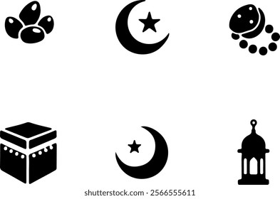 prayer beads, Kaaba, minaret, paw print, Islamic symbols, black and white icons, crescent moon and star, silhouette style,