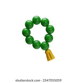 Prayer beads, Muslim rosary 3D plastic style icon. Realistic green bead with tassel, accessory for mantras. Vector render Islamic Ramadan religion symbol isolated on white