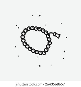 Prayer Beads or Rosary with Tassel and Scattered Stars on Light Background, Representing Spirituality or Meditation, White Outline Icon