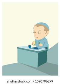 Prayer before food. A vector illustration of an Orthodox Jewish boy blessing before eating. In front of him a plate of tomatoes, in his hands a cucumber and a sandwich with lettuce.