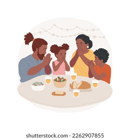 La oración antes de la comida aisló la ilustración vectorial de dibujos animados. Familiares cristianos rezando en la mesa antes de comer comida, rituales religiosos cotidianos, devoción a dibujos animados vectores de fe.