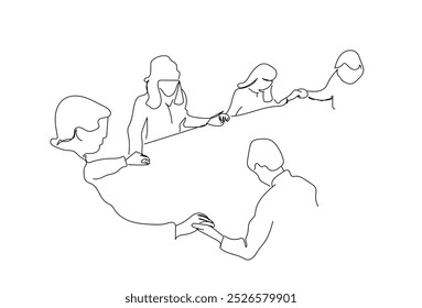 Prayer before meals on Thanksgiving Day.  People are holding hands. Prayer at the dinner table. Sketch. Vector illustration. Hand made vector not AI.