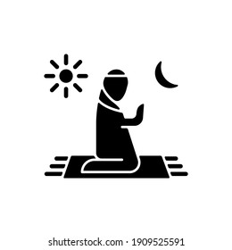 Prayer black glyph icon. Talking to god. Quite communication time. Religious ritual time. Spiritual things people can do. Silhouette symbol on white space. Vector isolated illustration