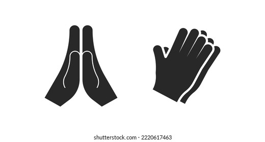 Prayer black icon, hands folded together vector gesture. Pray symbol spiritual religious logo.