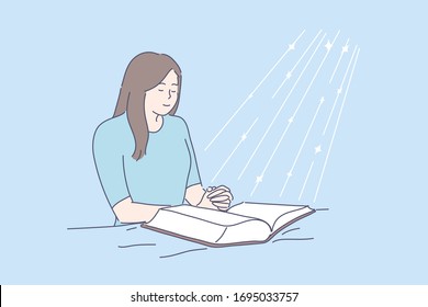 Prayer, blessing, religion, Bible, faith concept. Young happy religious woman or girl prays in room above open Bible. Asking, request. Faith in God drawn in cartoon style. Blessed light. Vector.