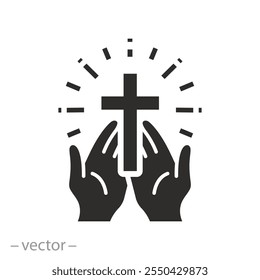 oração cristã, mãos com ícone de cruz, símbolo de oração, logotipo da religião, ilustração vetor plana