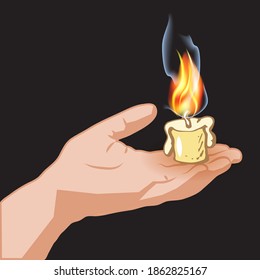 Oración, manos femeninas sosteniendo velas ardientes en la palma en la oscuridad. Manos aisladas en el fondo negro. Líneas de contorno, esbozo, ilustración vectorial de dibujo manual