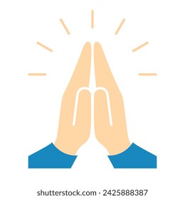 Prayer folded hands, namaste sign isolated on white background. Vector flat illustration of two human hands, praying concept