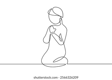 Prayer Girl Continuous Line Drawing Style. Prayer Minimalist Concept. Help Concept Linear Drawing Minimalist Simple Linear Style. Vector Outline Doodle Hand Draw Illustration. Not AI