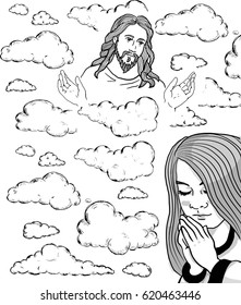 Prayer girl and Jesus in the sky