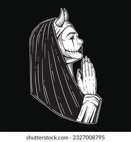 Prayer Girl Nun Tattoo Horror Women Skull Horn Head Horror Hand Drawn Style illustration