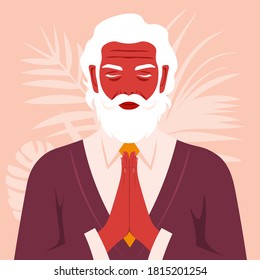 Prayer to God. Portrait of an elderly man with his eyes closed. Vector flat illustrations