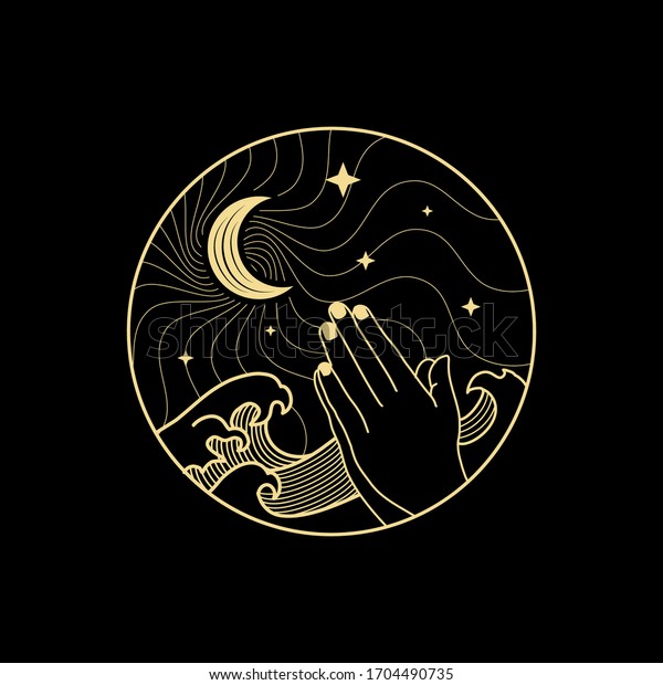 夜半に三日月と星を持ち 大きな波や嵐を持つ祈りの手 線画 装飾 防法 ベクター画像 イラトス 霊的指導のタロット読者のタトゥー のベクター画像素材 ロイヤリティフリー
