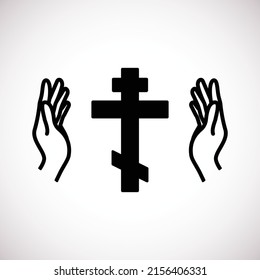 Prayer hand with a cross. Religion, orthodox christian church vector logo.
