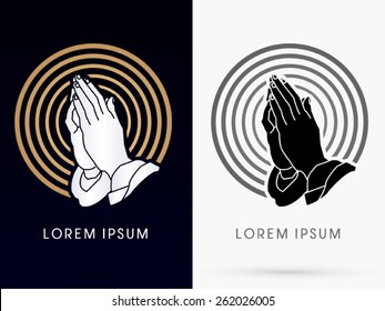 Prayer hand designed using gold and black on cycle line background ,sign, logo, symbol, icon, graphic, vector.