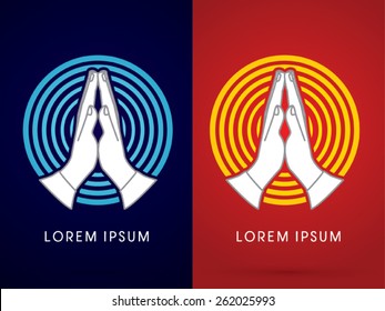 Prayer hand on  blue and yellow cycle line background ,sign, logo, symbol, icon, graphic, vector.