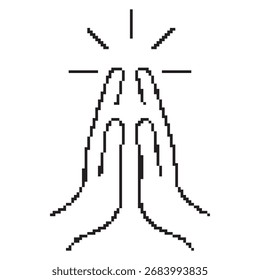 Icono de píxel de mano de oración, 8 bits. Ilustración vectorial aislada.