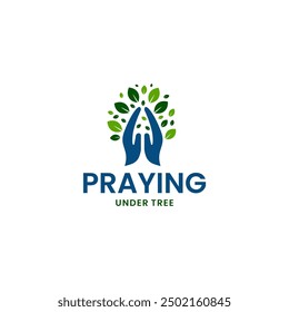 Prayer hand tree logo design, Tree hand logo concept nature wellness health symbol icon vector.
