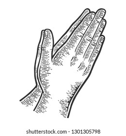 Prayer hands gesture engraving vector illustration. Scratch board style imitation. Black and white hand drawn image.
