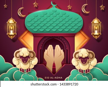Prayer hands and islamic paper mosque entrance for Eid al-Adha or ul-Adha, muslim festival of sacrifice card. Sheeps on cloud and lantern, fanous, crescent and stars for islam ramadan holiday.Religion