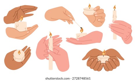 Mãos de oração posicionadas em vários gestos segurando velas acesas com chamas cintilantes para celebrar vigílias de feriado religioso e vigílias cerimônias espirituais ilustração vetorial conjunto isolado