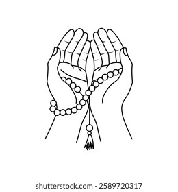 Prayer Hands with Tasbeeh Design featuring Islamic prayer beads and spiritual themes perfect for religious posts, Ramadan greetings, and cultural designs symbolize religion and faith.