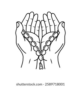 Prayer Hands with Tasbeeh Illustration featuring detailed Islamic prayer beads and spiritual themes for Ramadan posts and religious designs. with minimialist graphics illustrtion