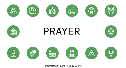 prayer icon set. Collection of Pastafarianism, Bible, Synagogue, Prayer, Priest, Bead, Monastery, God, Pope icons