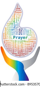 Prayer, Intention, Love in Flame Shape - Word Cloud in Rainbow Colors