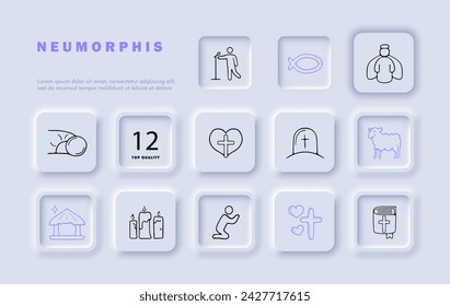 Prayer line icon set. Spiritual, faith, belief, angel, sermon, communion, bible, tombstone, rituals. Neomorphism style. Vector line icon for business and advertising