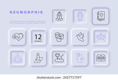 Conjunto de iconos de la línea de oración. Espiritualidad, devoción, fe, meditación, manos, biblia, ángel, pan, vino, iglesia. Estilo neomorfista. Icono de línea vectorial para negocios y publicidad